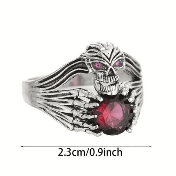 Silver Red Crystal Gothic Punk Claw Skull Ring - Picture 4 of 5